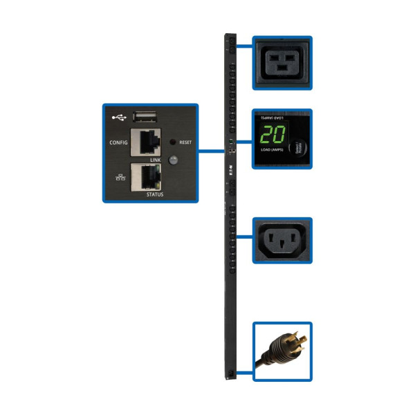 Pdu monophasé switched 3,7 kw, interface lx, sorties (20 c13 & 4 c19), 0u