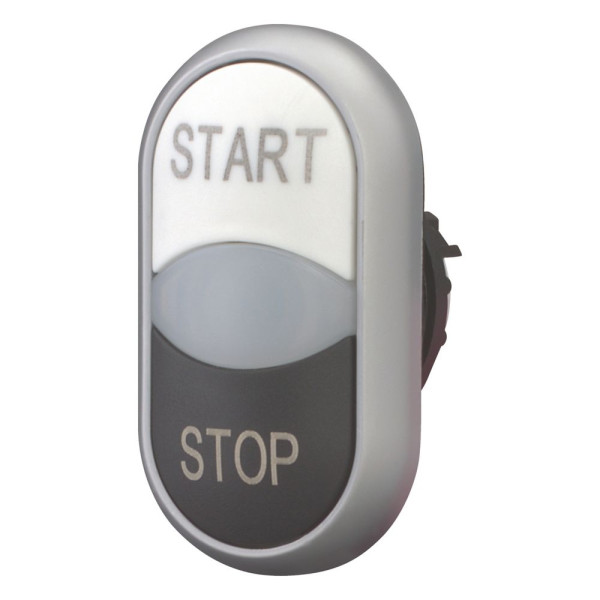 Bouton-poussoir double avec élement del, blanc start/blanc/noir stop (M22-DDL-WS-GB1/GB0)