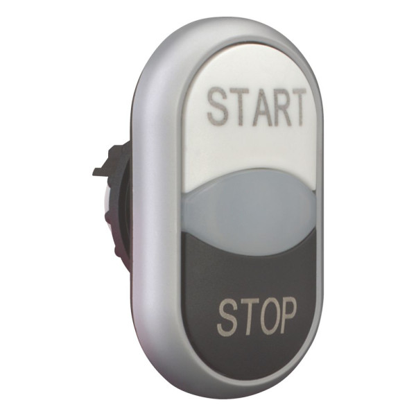 Bouton-poussoir double avec élement del, blanc start/blanc/noir stop (M22-DDL-WS-GB1/GB0)