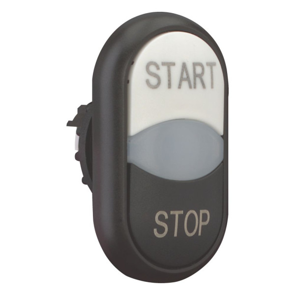 Bouton-poussoir double avec élement del, blanc start/blanc/noir stop (M22S-DDL-WS-GB1/GB0)