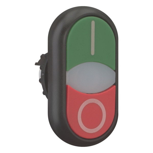 Bouton-poussoir double, +voyant lumineux, plat, vert i, blanc, rouge 0 (M22S-DDLF-GR-X1/X0)