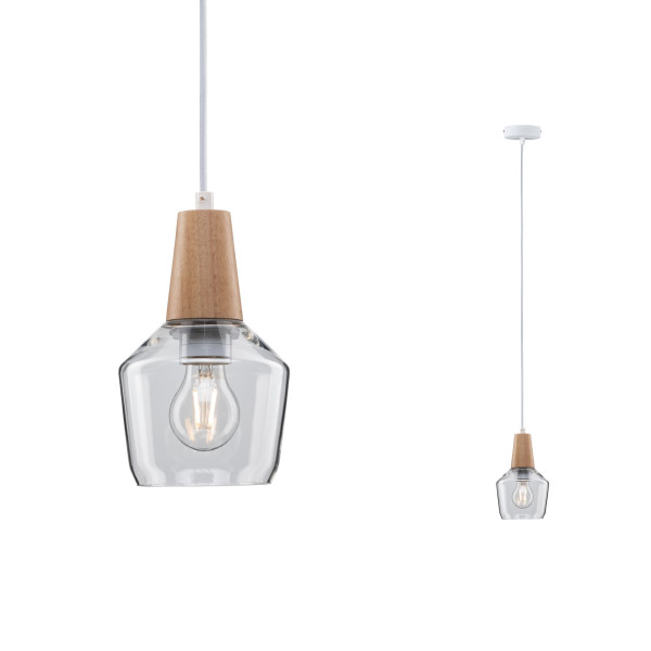 Suspension ylvie max1x20w e27 clair/bois 230v verre/bois