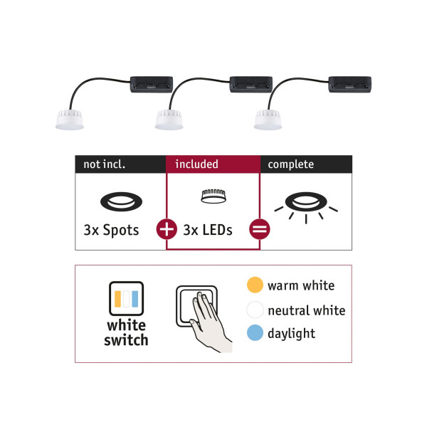 Enc choose lot 3 coin whiteswitch led 3x6,5w 620lm 2700k 51mm synthétique