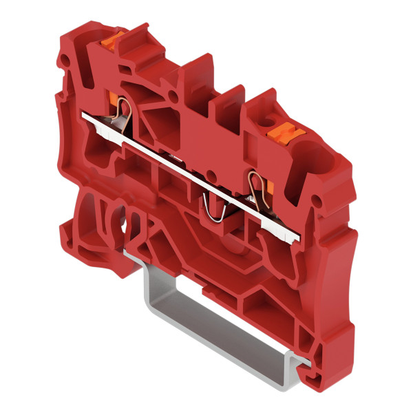 Borne de passage pour 2 conducteurs avec poussoir 2,5mm², rouge