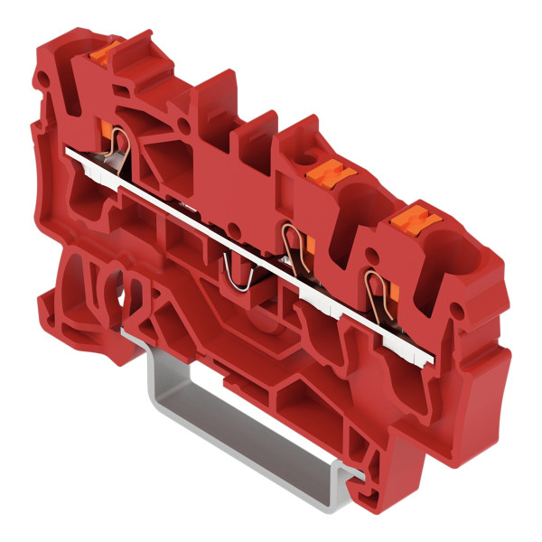 Borne de passage pour 3 conducteurs avec poussoir 2,5mm², rouge