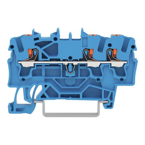 Borne de passage pour 3 conducteurs avec poussoir 2,5mm², bleu