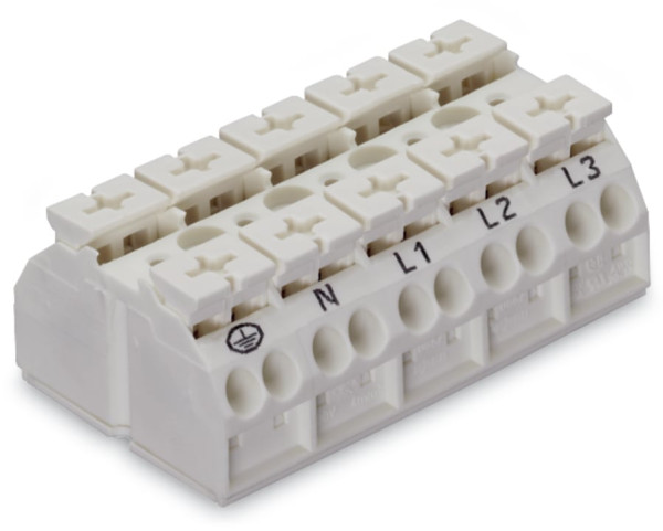 Borne de raccordement 5 pôles blanc (marquage pe-n-l1-l2-l3, 2 pieds de fixation