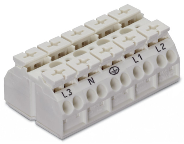 Borne de raccordement avec terre 5 pôles blanc (marquage l3-n-pe-l1-l2, fixation