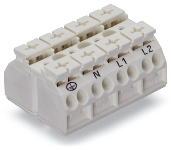 Borne de raccordement avec terre 4 pôles blanc (marquage pe-n-l1-l2, 4 pieds de