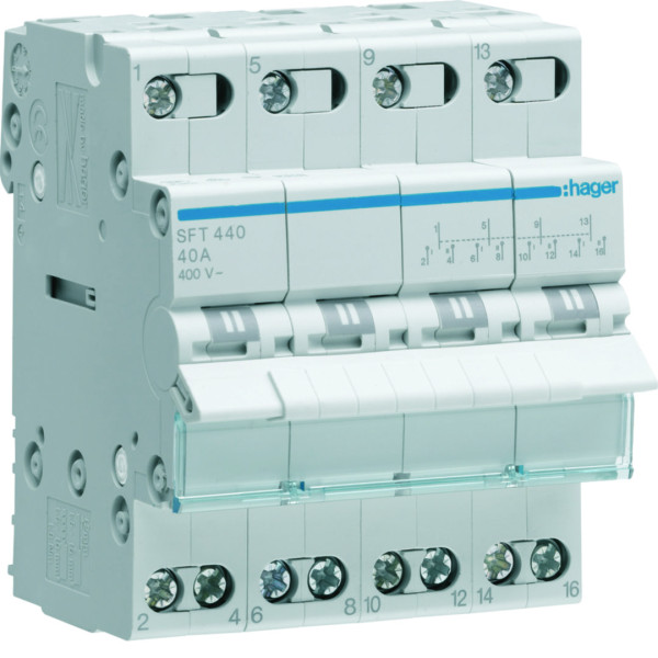 Inverseur modulaire 4 pôles 40a, point commun amont, i-0-ii