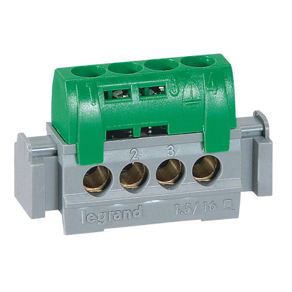 Bornier de répartition isolé IP2X terre - 4 connexions 1,5mm² à 16mm²- vert - longueur 47mm