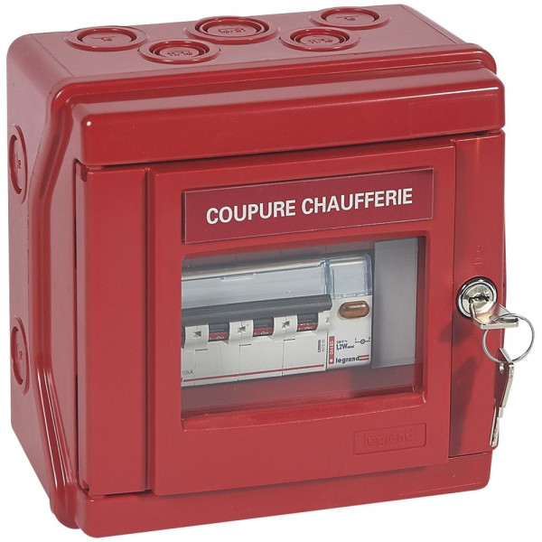 Coffret de sécurité Legrand Plexo pour chaufferie IP55 IK07 avec 1 disjoncteur 4P et 1 voyant