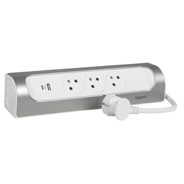 Legrand - Rallonge multiprise d'angle 16A 230V 3x 2 Pôles + Terre Surface et USB Type-A + Type-C et cordon 1m - blanc et alu