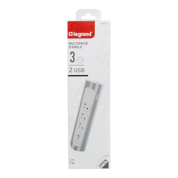 Legrand - Rallonge multiprise d'angle 16A 230V 3x 2 Pôles + Terre Surface et USB Type-A + Type-C à câbler - blanc et alu