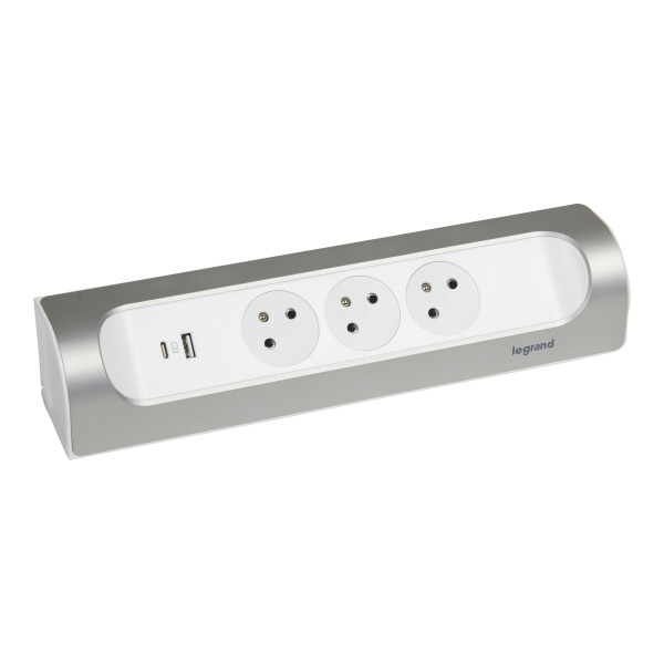 Legrand - Rallonge multiprise d'angle 16A 230V 3x 2 Pôles + Terre Surface et USB Type-A + Type-C à câbler - blanc et alu