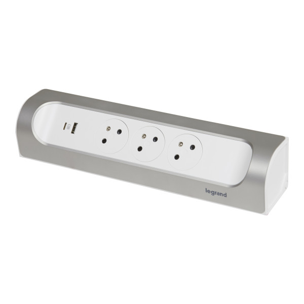 Legrand - Rallonge multiprise d'angle 16A 230V 3x 2 Pôles + Terre Surface et USB Type-A + Type-C à câbler - blanc et alu