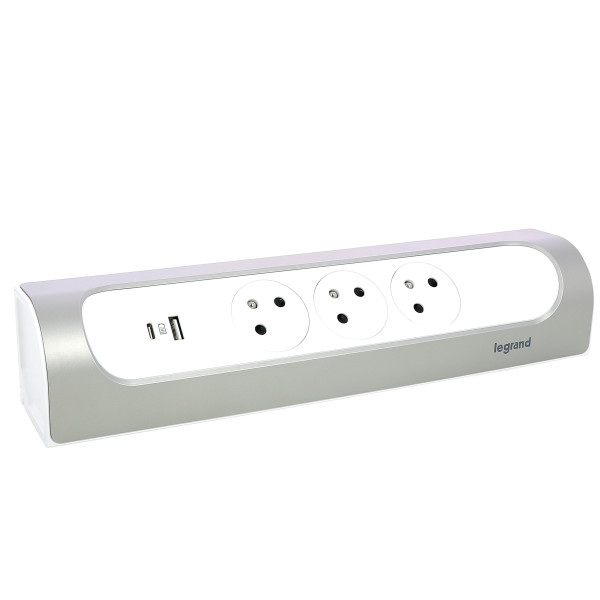 Legrand - Rallonge multiprise d'angle 16A 230V 3x 2 Pôles + Terre Surface et USB Type-A + Type-C à câbler - blanc et alu