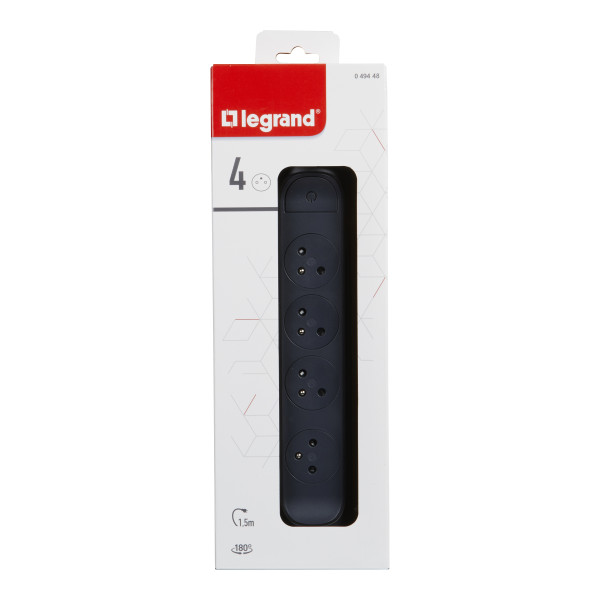 Legrand - Rallonge multiprise rotatif avec 4 prises de courant Surface et interrupteur avec cordon 1,5m - noir et gris foncé