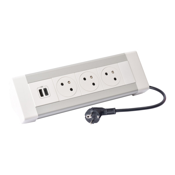 Bloc bureau 3x2p+t + 1 chargeur usb a+c et cordon 3m 2p+t