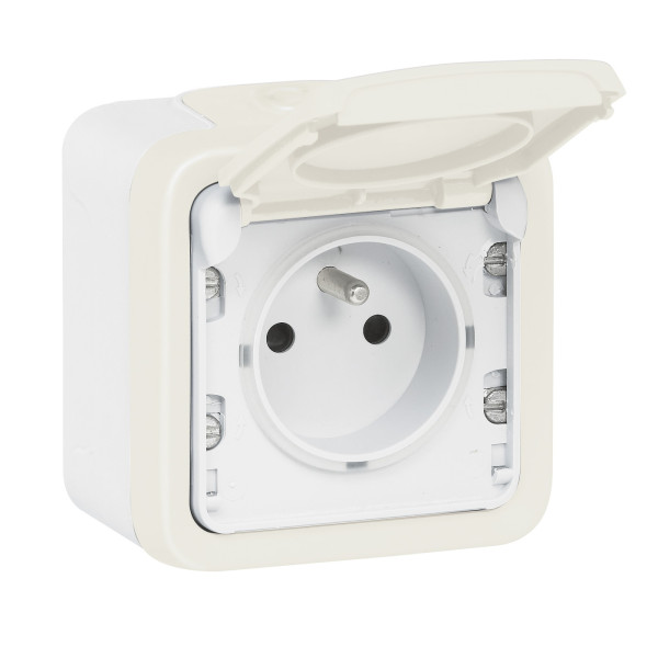 Prise de courant et volet de protection IP 55 Plexo complet apparent - Blanc