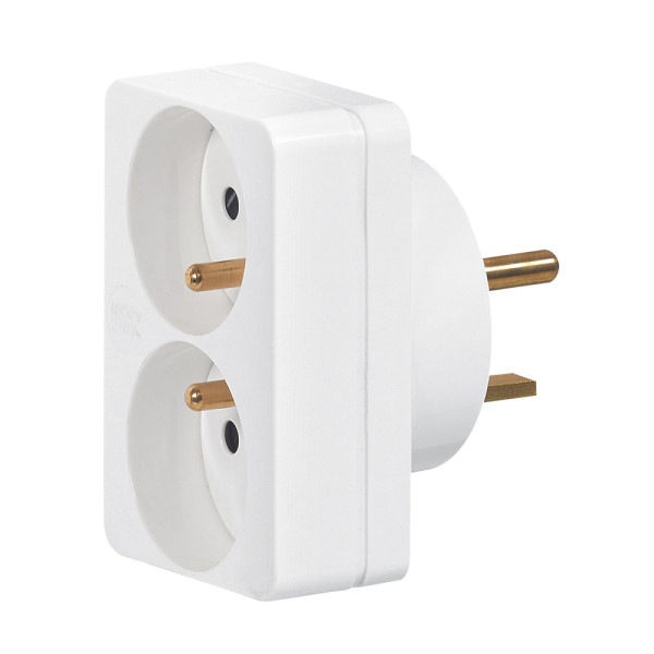 Adaptateur 2P+T - brancht 2 fiches 16 A sur 1 socle 20 A - blanc (étiq)