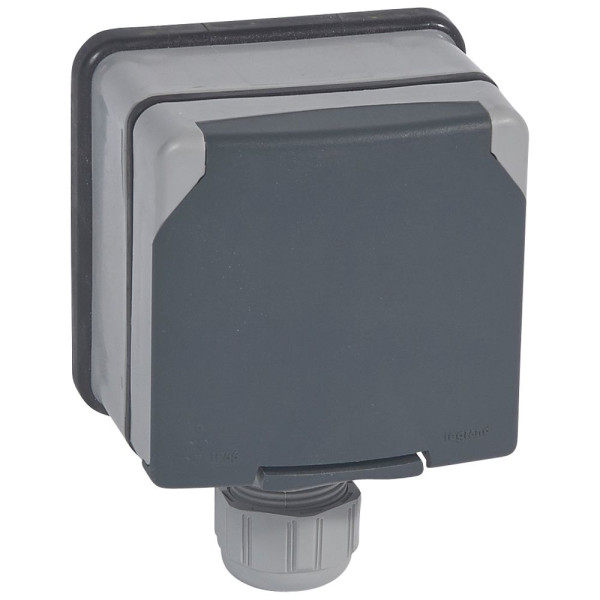 Prise 3P+T à volet - 20 A - 400 V~ - Plexo 66 monobloc gris - IP66/IK08