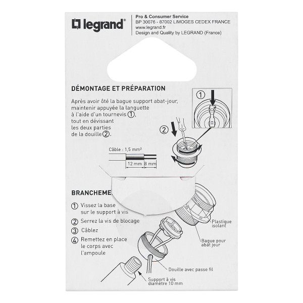 Douille chemise demi filetée/trou passe-fil - E27 - 4A/150W (blister)