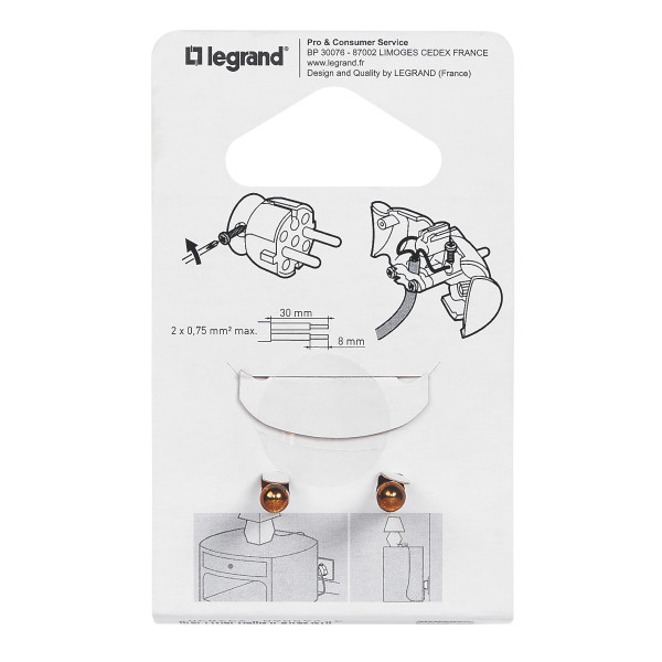 Fiche 2p 16a classe ii extra plate plast ique sortie latéraleerale blanc