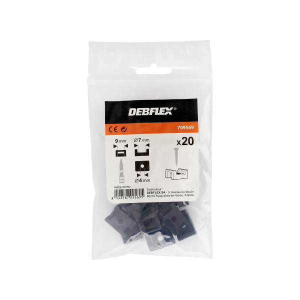 Sachet avec accroche de 20 embases simples Debflex noires l 9mm