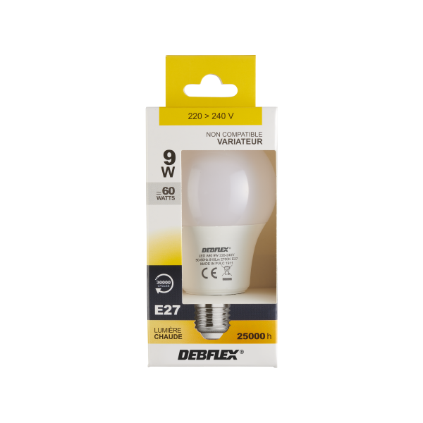 Ampoule a60 smd verre blanc e27 9w 2700k 810lm