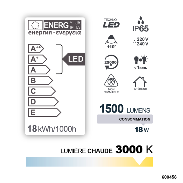 Reglette led ip65 600mm smd 18w 3000k 1500lm