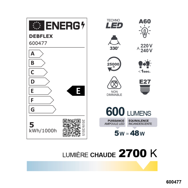 Ampoule a60 filament verre transparent e27 5w 2700k 600lm