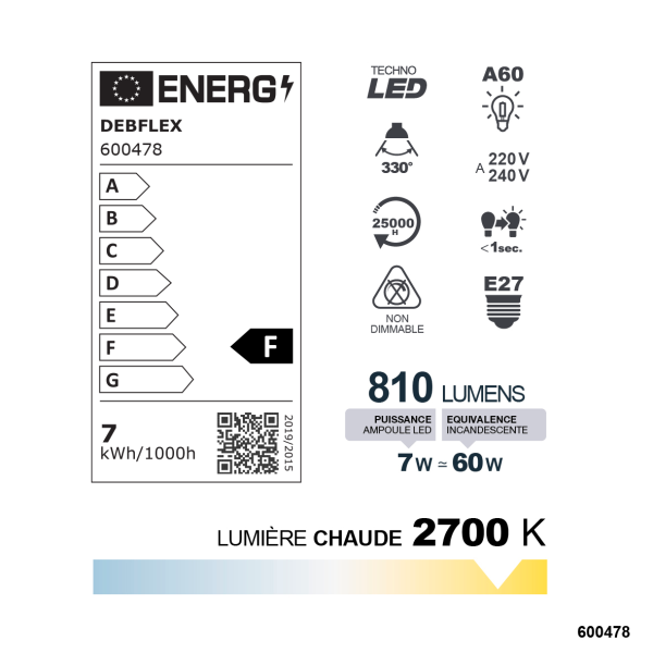 Ampoule a60 filament verre transparent e27 7w 2700k 810lm